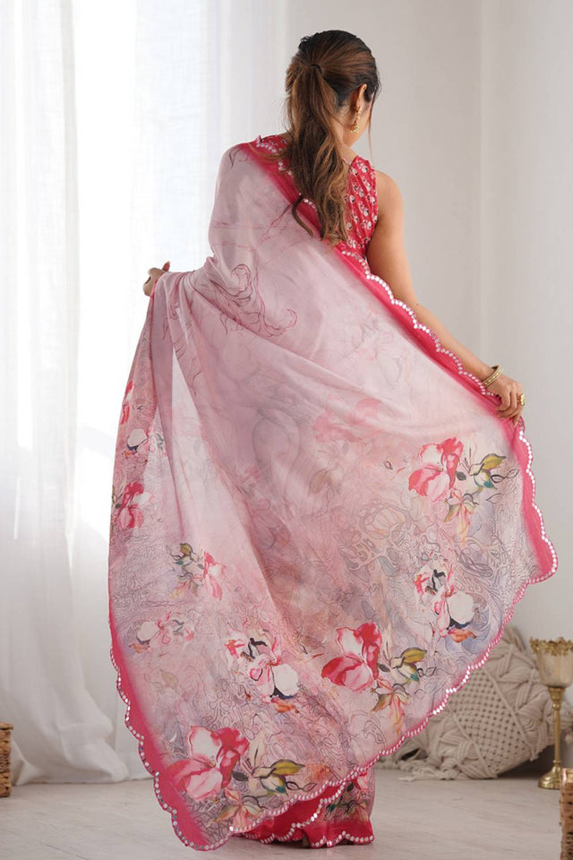 Light Pink Floral Printed Art Silk Saree