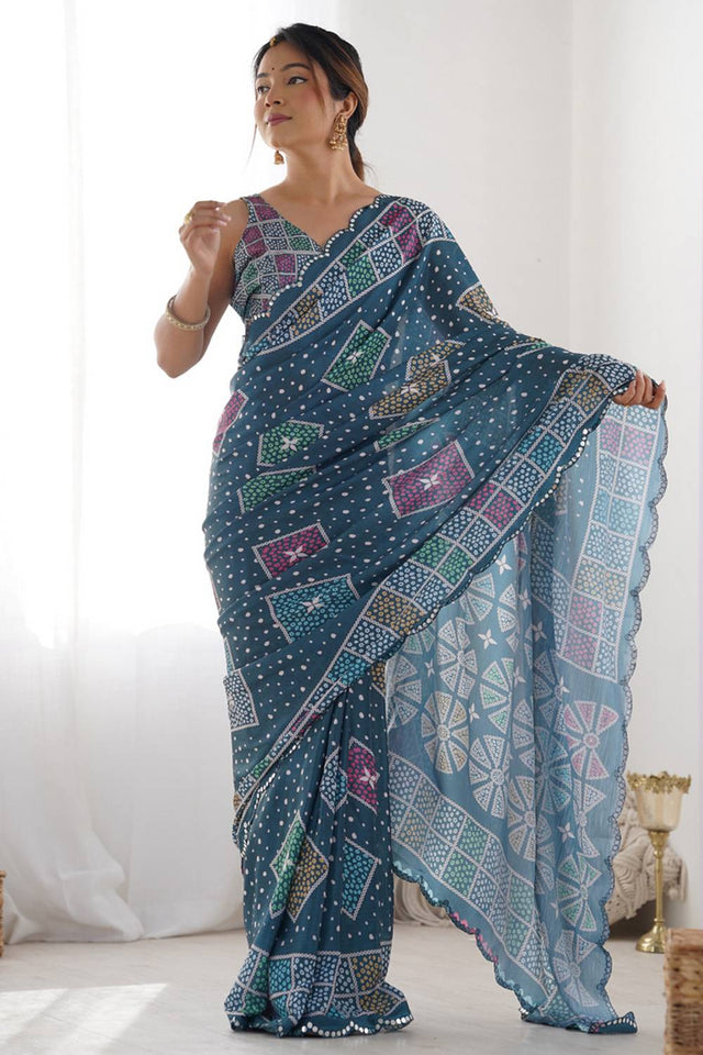 Blue Bandhani Printed Art Silk Saree