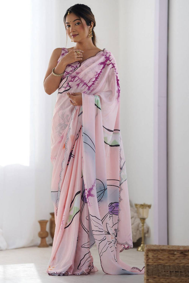 Light Pink Floral Printed Art Silk Saree