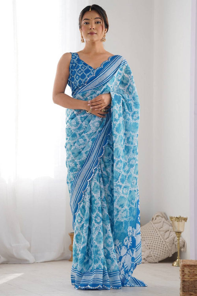 Blue Printed Art Silk Saree