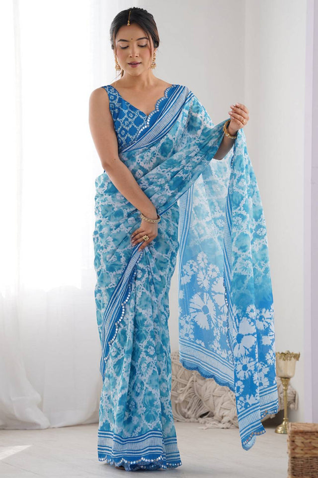 Blue Printed Art Silk Saree