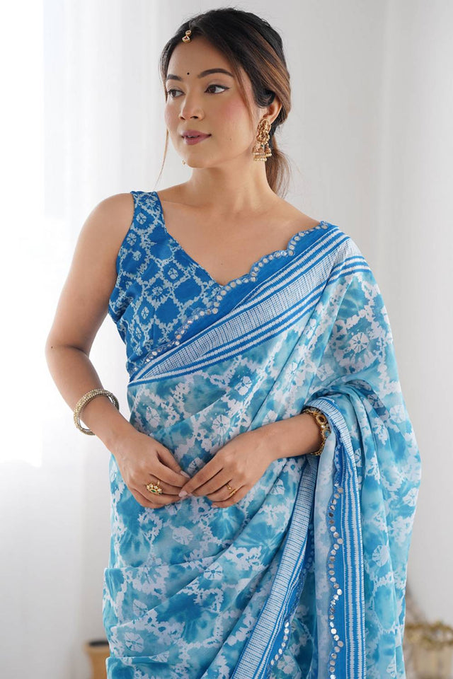 Blue Printed Art Silk Saree