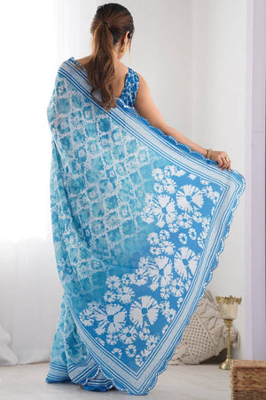 Blue Printed Art Silk Saree