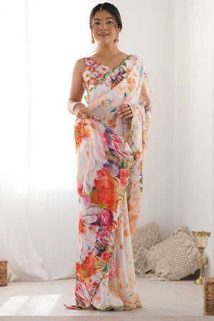 Off White Floral Printed Art Silk Saree