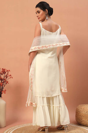 White Embroidered Georgette Sharara Suit Set