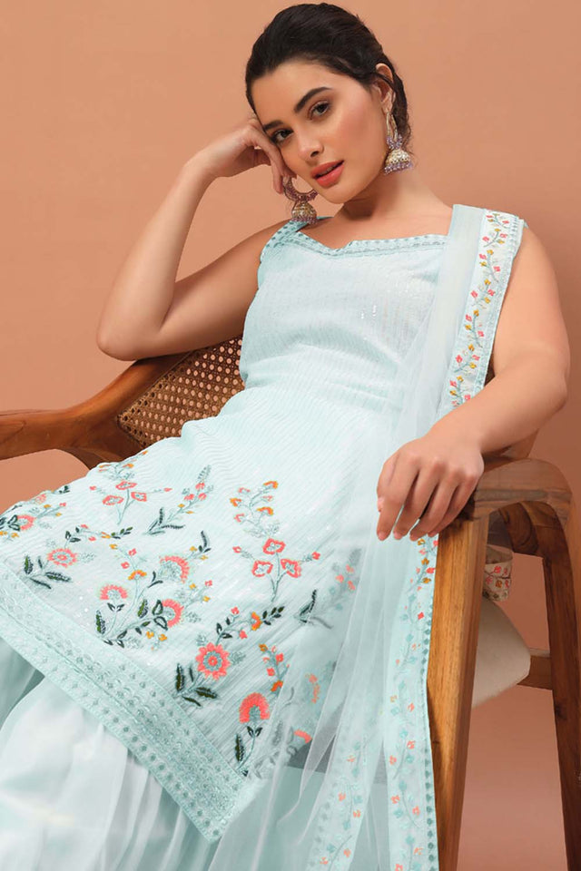 Blue Embroidered Georgette Sharara Suit Set