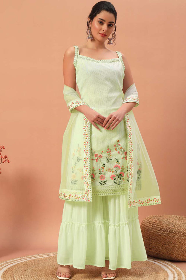 Yellow Embroidered Georgette Sharara Suit Set