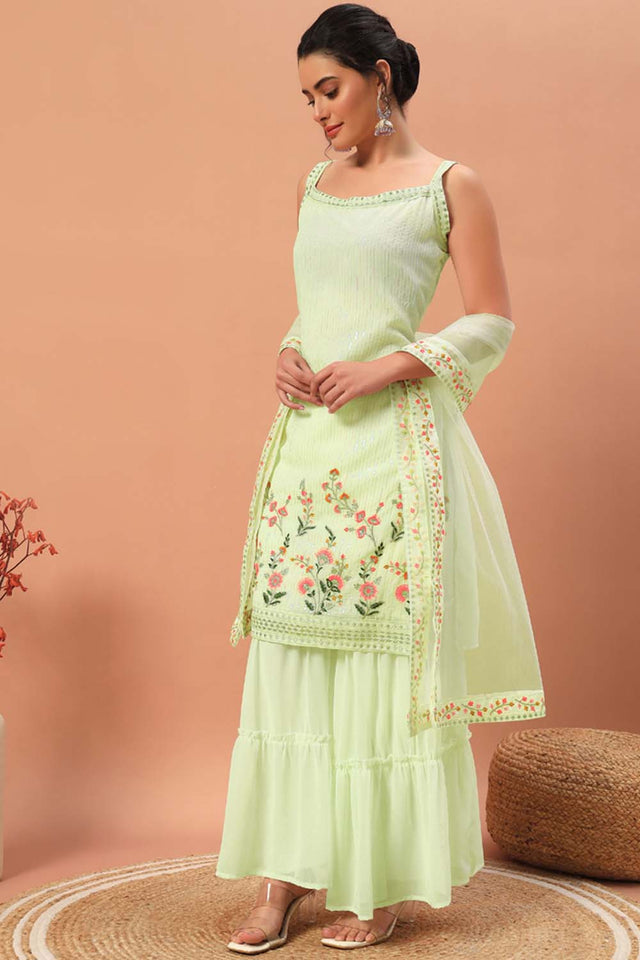 Yellow Embroidered Georgette Sharara Suit Set