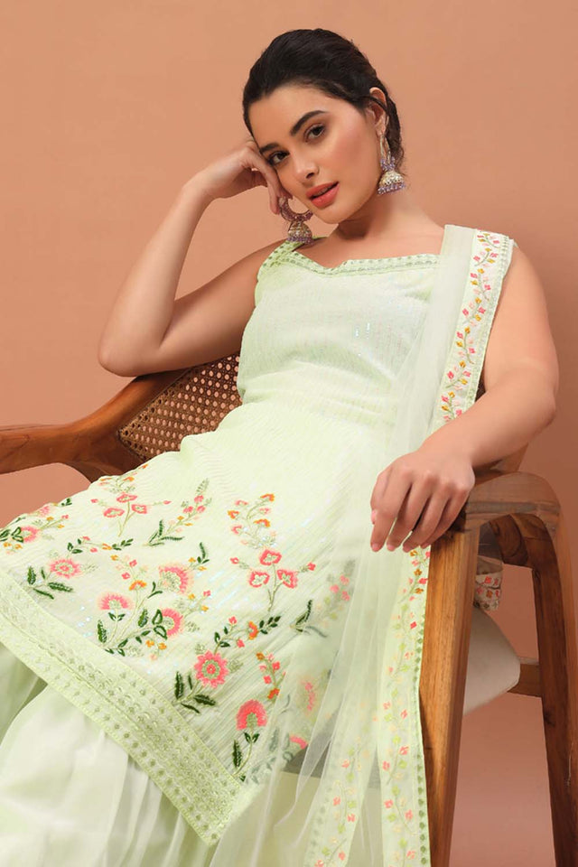 Yellow Embroidered Georgette Sharara Suit Set