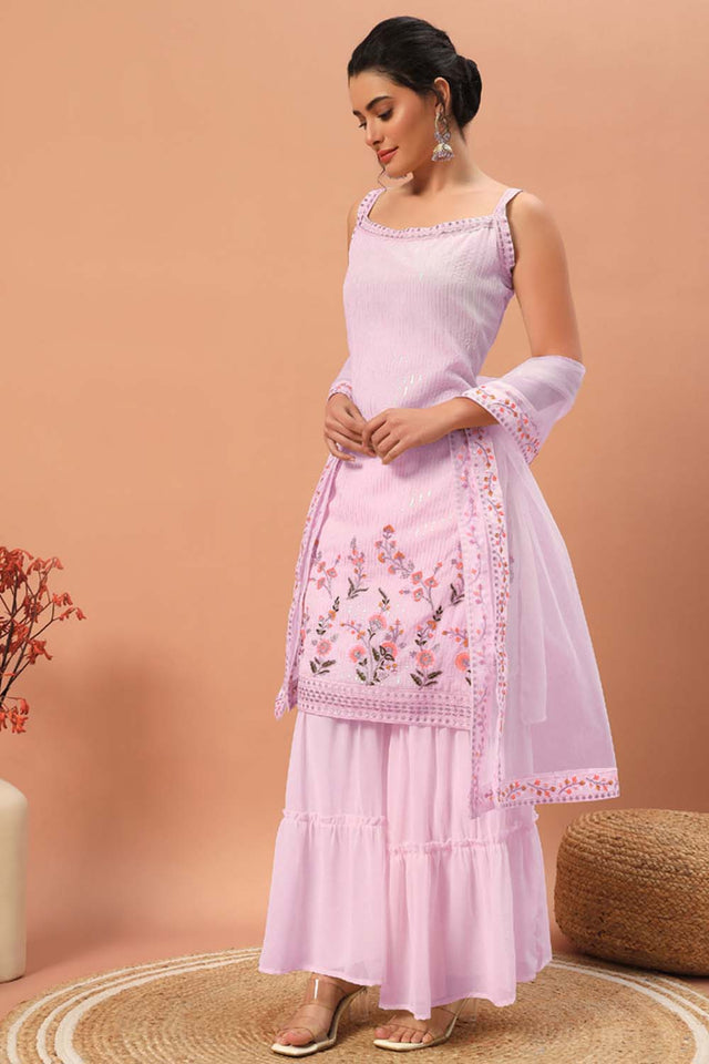 Pink Embroidered Georgette Sharara Suit Set