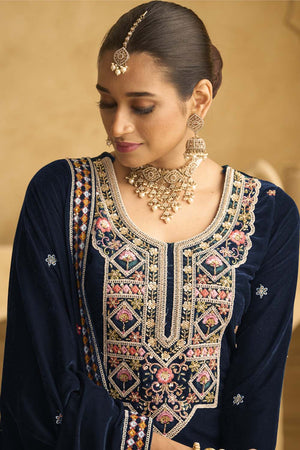 Navy Blue Sequin with Embroidered Velvet Palazzo Suit Set