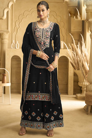 Black Sequin with Embroidered Velvet Palazzo Suit Set
