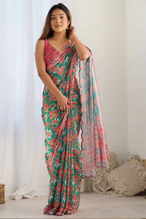 Green Floral Printed Art Silk Saree