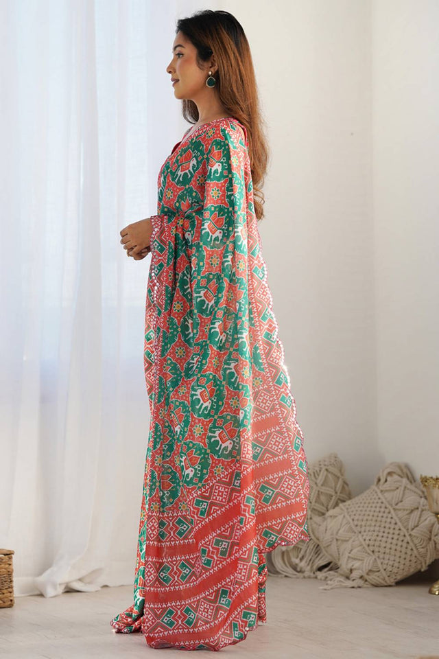 Green Floral Printed Art Silk Saree