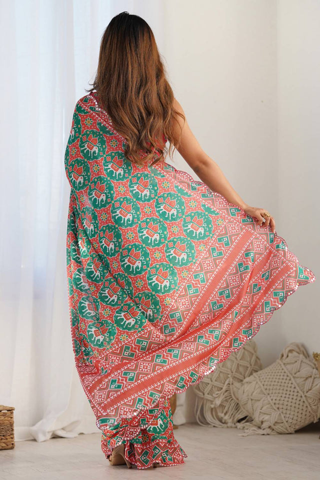 Green Floral Printed Art Silk Saree