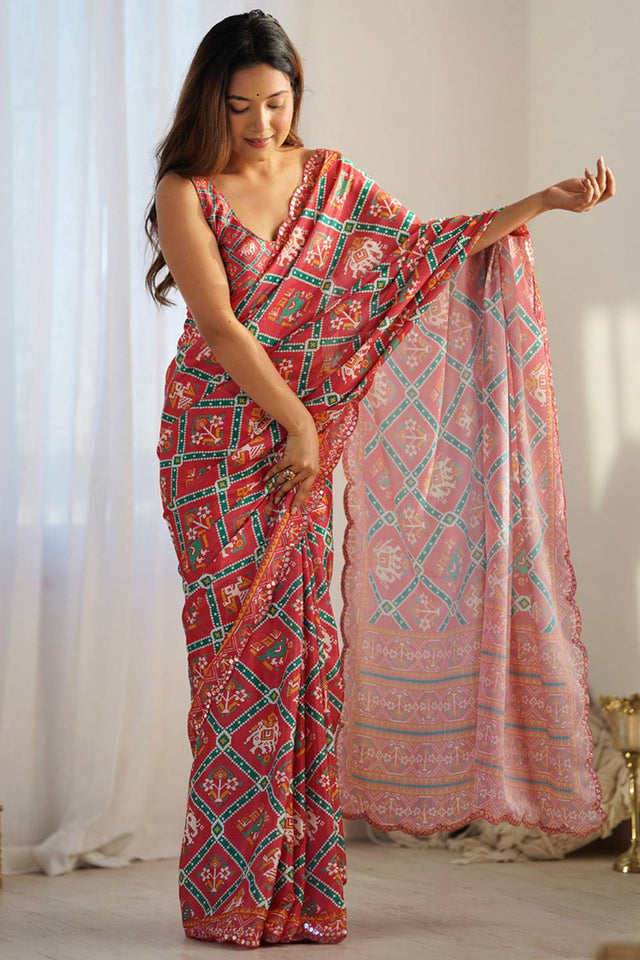 Red Bandhani Printed Art Silk Saree
