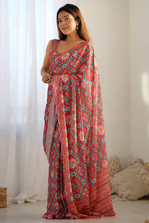 Red Bandhani Printed Art Silk Saree