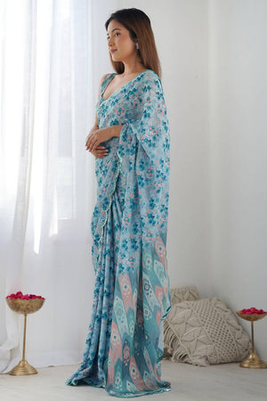 Blue Printed Art Silk Saree