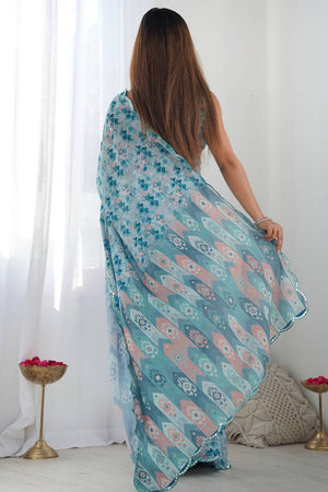 Blue Printed Art Silk Saree