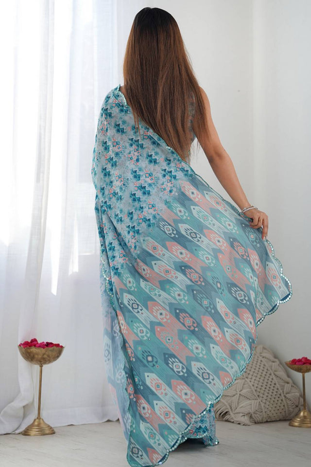 Blue Printed Art Silk Saree