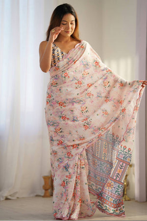 Off White Floral Printed Art Silk Saree