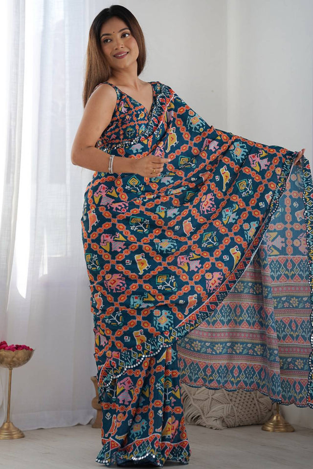 Blue Printed Art Silk Saree