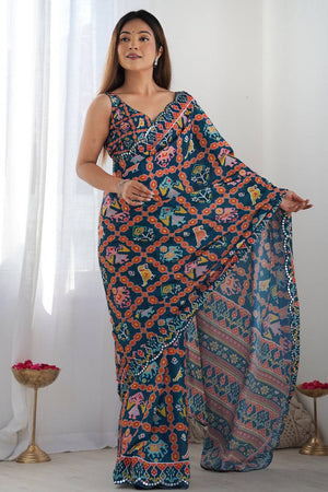 Blue Printed Art Silk Saree