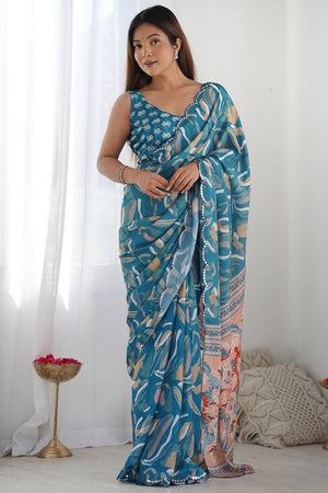 Light Blue Floral Printed Art Silk Saree