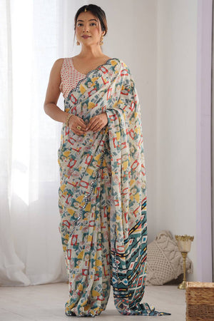Off White Printed Art Silk Saree