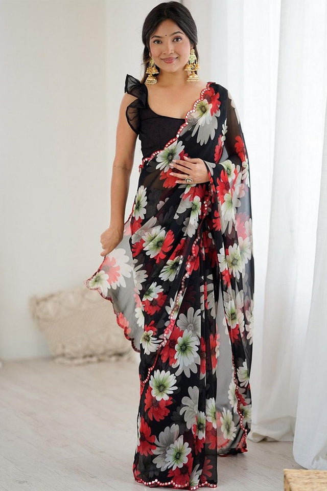 Black Floral Printed Georgette Saree