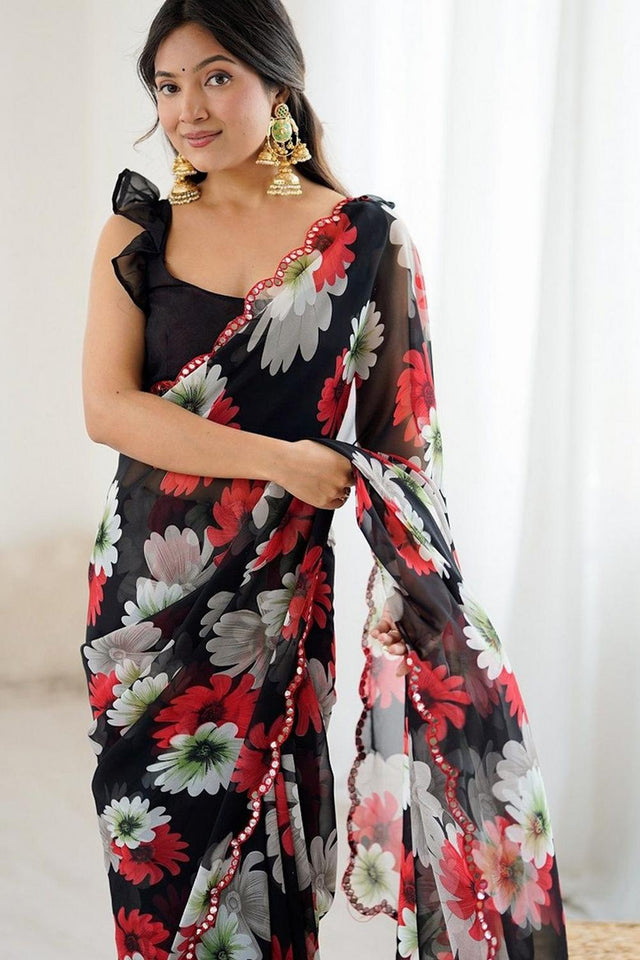 Black Floral Printed Georgette Saree