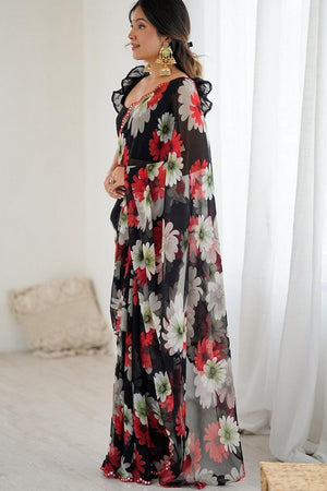 Black Floral Printed Georgette Saree