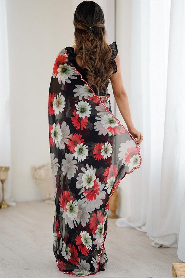 Black Floral Printed Georgette Saree