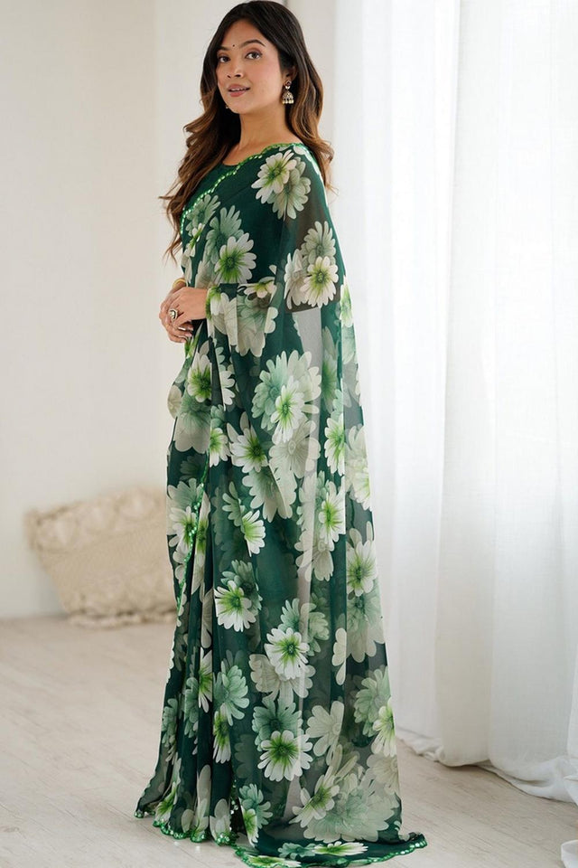 Green Floral Printed Georgette Saree