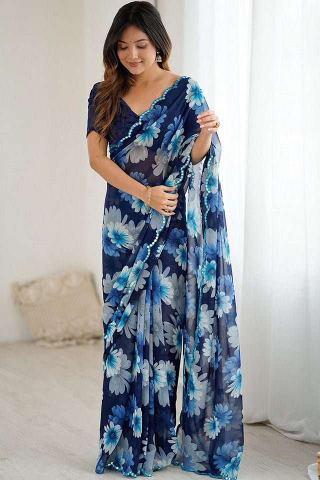 Blue Floral Printed Georgette Saree