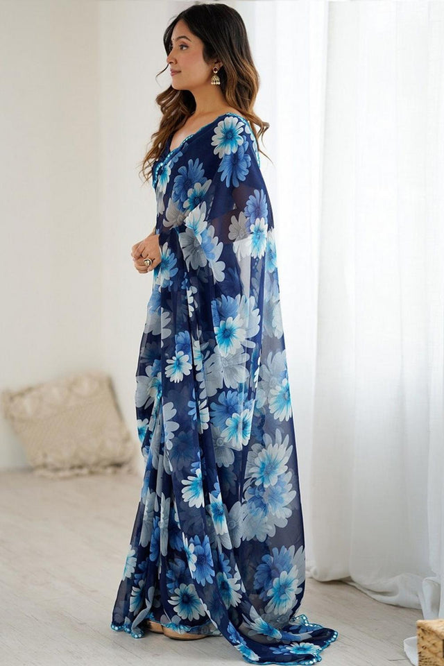 Blue Floral Printed Georgette Saree