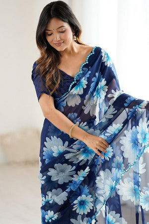 Blue Floral Printed Georgette Saree
