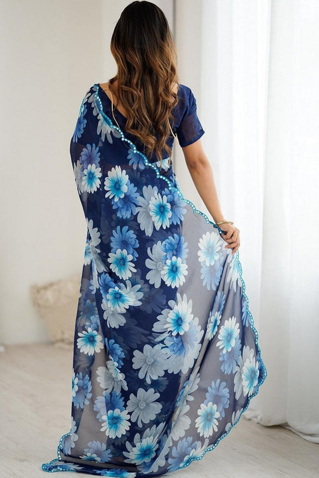 Blue Floral Printed Georgette Saree
