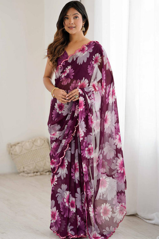 Violet Floral Printed Georgette Saree