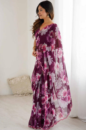 Violet Floral Printed Georgette Saree