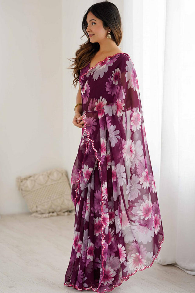Violet Floral Printed Georgette Saree