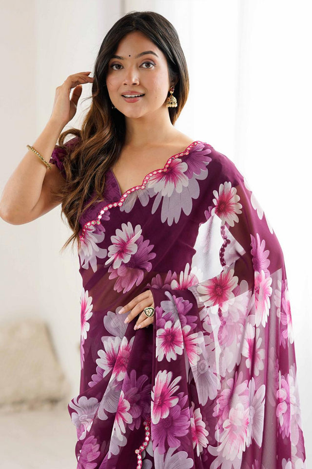 Violet Floral Printed Georgette Saree