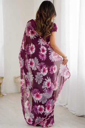 Violet Floral Printed Georgette Saree