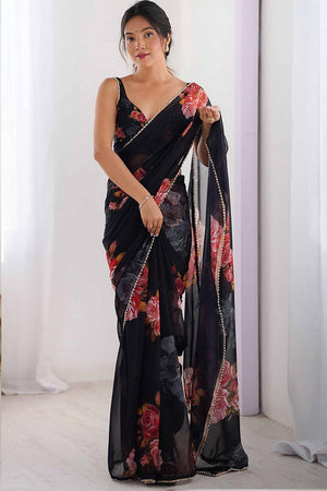 Black Floral Printed Georgette Saree