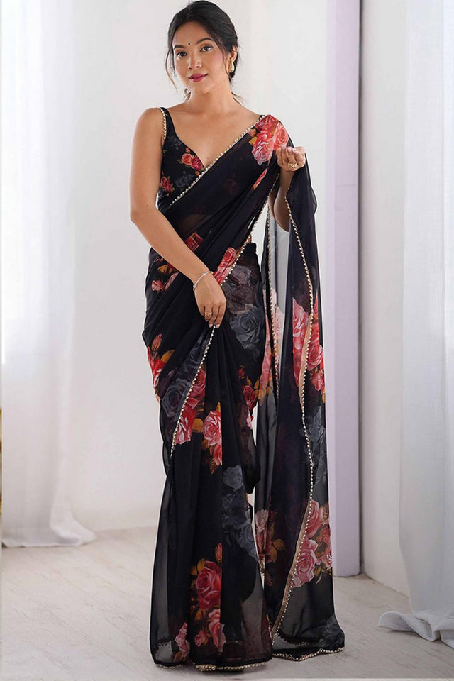 Black Floral Printed Georgette Saree