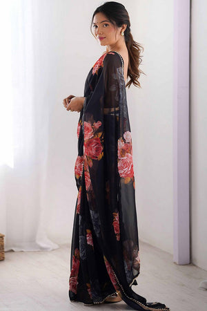 Black Floral Printed Georgette Saree