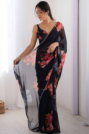 Black Floral Printed Georgette Saree