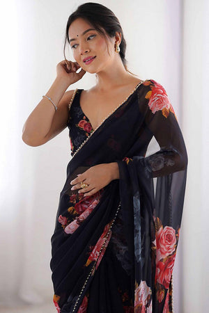 Black Floral Printed Georgette Saree