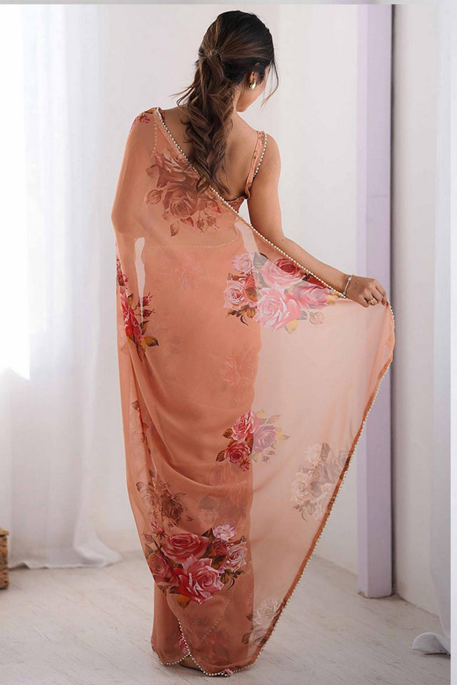 Peach Floral Printed Georgette Saree