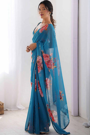 Blue Floral Printed Georgette Saree